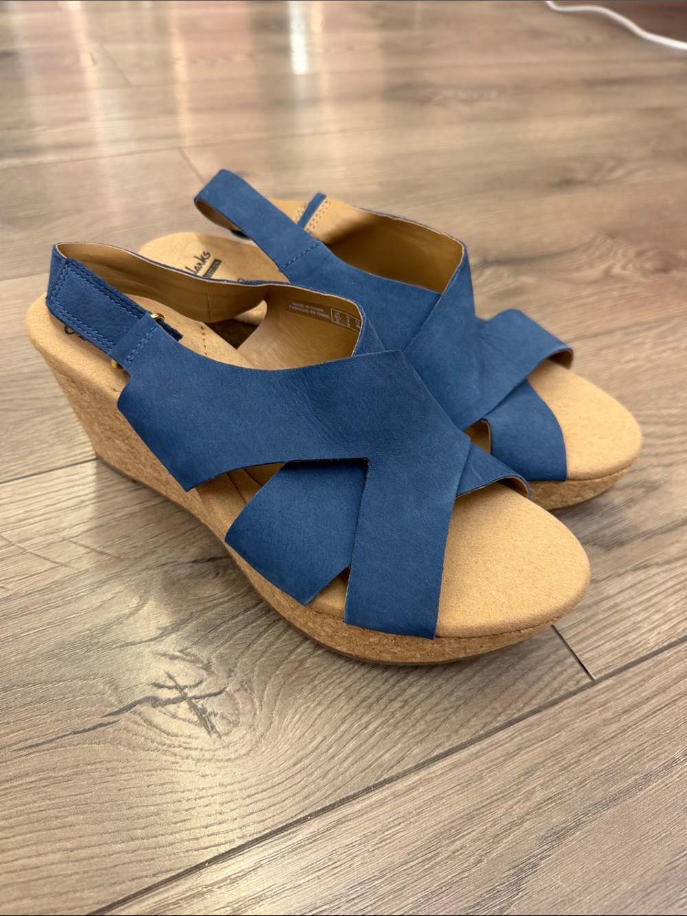 Clarks Navy Cross-Strap Cork Wedge Sandals